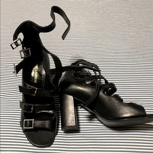 Yves Saint Laurent Buckle Multi Strap Chunky Heel Black Sandals Size 38